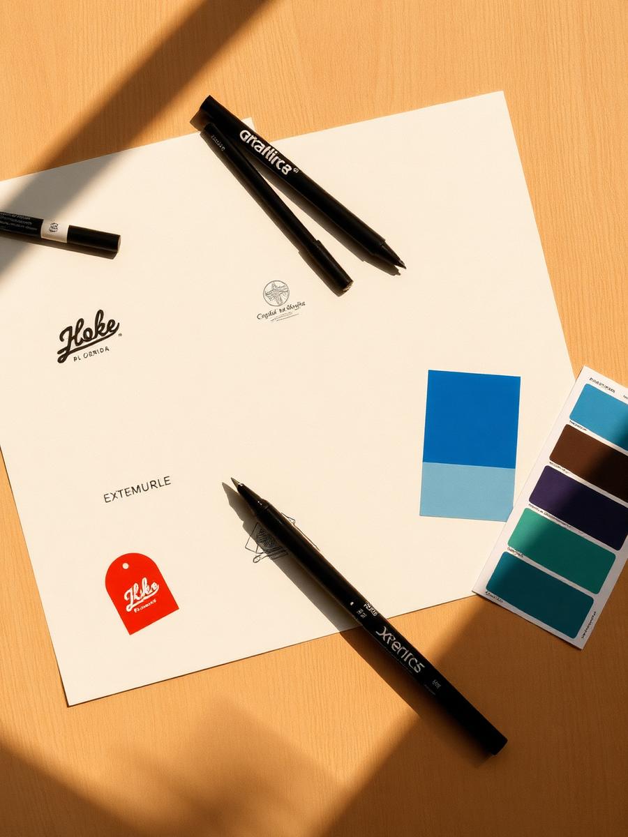 Brand identity sketches and colour swatches on cream paper