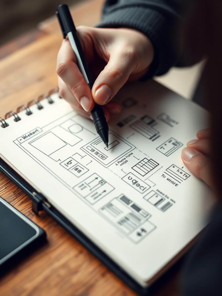 Hand sketching a website wireframe in a notebook